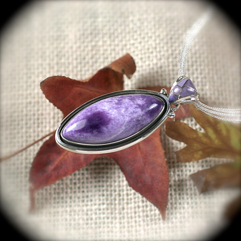 Charoite Sterling Silver pendant w/inlaid bail - Rusmineral cabochons&jewelry