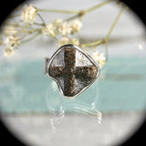 Cruciform twinned staurolite crystals sterling silver ring