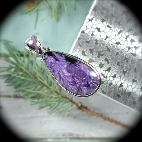 Charoite Sterling Silver pendant w/inlaid bail - Rusmineral cabochons&jewelry